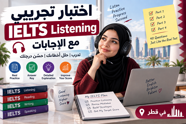 جرّب اختبار IELTS Listening تجريبي مع أسئلة تدريبية وإجابات وتفسير مفصل، وتعرف على أخطائك وطريقة تحسين مهارة الاستماع قبل اختبار IELTS في قطر.