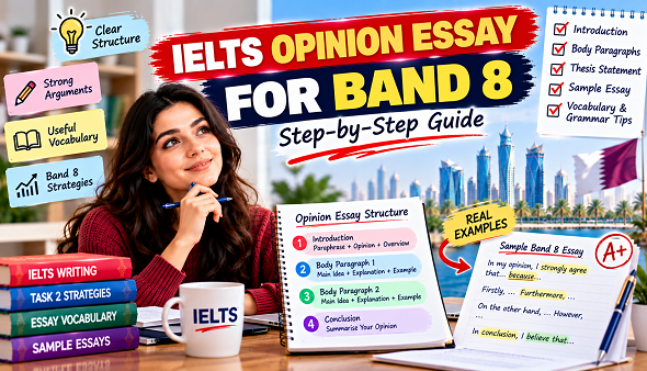 Learn how to write an IELTS opinion essay for Band 8 with the right structure, thesis, ideas, vocabulary, grammar, sample essay and expert tips.