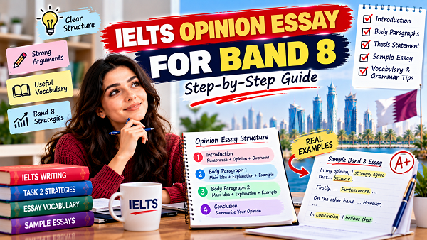 Learn how to write an IELTS opinion essay for Band 8 with the right structure, thesis, ideas, vocabulary, grammar, sample essay and expert tips.