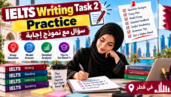 تدرب على IELTS Writing Task 2 مع سؤال أصلي ونموذج Essay كامل وتحليل Task Response وVocabulary وGrammar وCoherence، مع نصائح عملية لتحسين Writing في قطر.