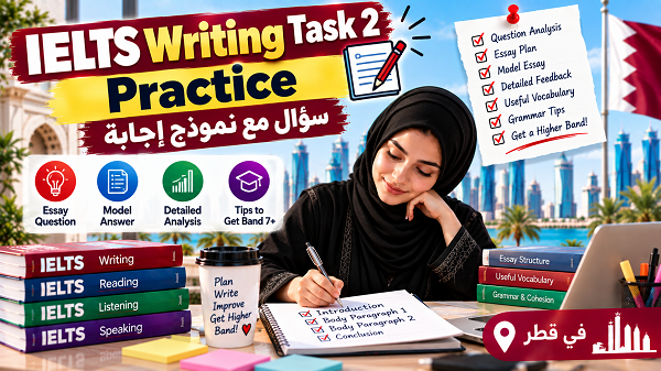 تدرب على IELTS Writing Task 2 مع سؤال أصلي ونموذج Essay كامل وتحليل Task Response وVocabulary وGrammar وCoherence، مع نصائح عملية لتحسين Writing في قطر.