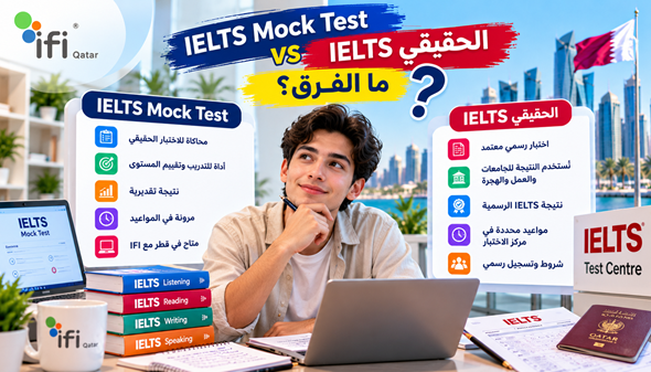 اكتشف الفرق بين IELTS Mock Test واختبار IELTS الحقيقي من حيث الأسئلة، والدرجات، والوقت، والتقييم، وكيف يساعدك الاختبار التجريبي على الاستعداد في قطر.
